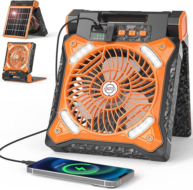 MORECORE 10000mAh 11inch Solar Camping Fan with Dual Charging, 4 Speeds & 3 Light Levels, 36H Run Time, Timer & 90° Adjustable, Portable Quiet Desk Fan for Hiking, Hurricane, Outages, Fishing-Orange