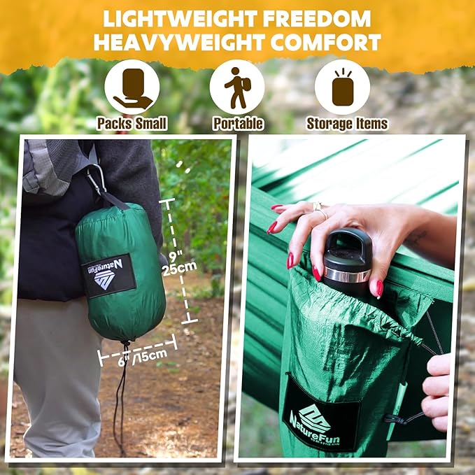 NATUREFUN Ultra-Light Travel Camping Hammock | 300kg Load Capacity,Breathable,Quick-Drying | 2 x Premium Carabiners,2 x Nylon Slings Included | Outdoor Indoor Garden