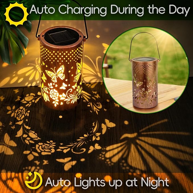 Boho Solar Lanterns Outdoor 2 Pack - Birthday Gifts for Women Mom Grandma Metal Hanging Solar Powered Unique Garden Decorative LED Lights for Outside Yard Patio Lawn Porch Decor(Butterfly)
