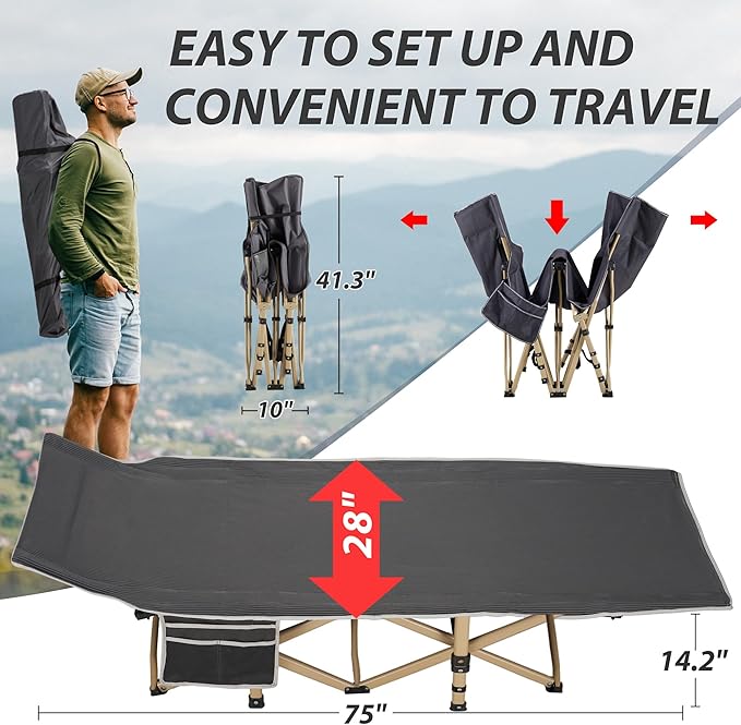 Folding Camping Cot for Sleeping, Portable Cots for Adults, Heavy Duty Cot Bed 550LBS(Max Load), Extra Wider Cots with Large Pocket for Outdoor, Office, Beach