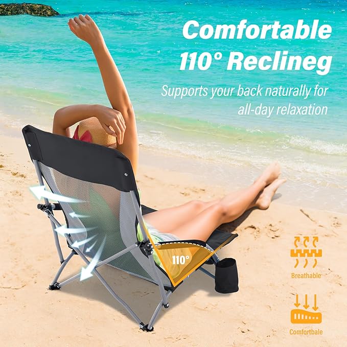 Homcosan Portable Low Folding Beach Chair - Lightweight Camping Chair for Adults with Cup Holder & Storage Pocket, Carry Bag Included (Black & Gray)