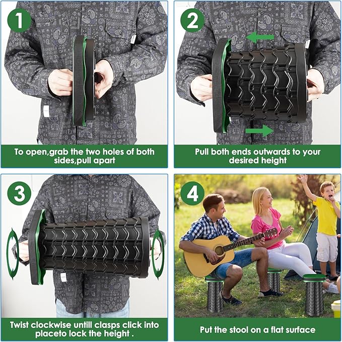 Folding Camping Stool, Square Collapsible Portable Stool with Elastic Seat Cushion& Adjustable Nylon Bag, Sturdy Lightweight Telescoping Foldable,Max Load 485lb (Green)