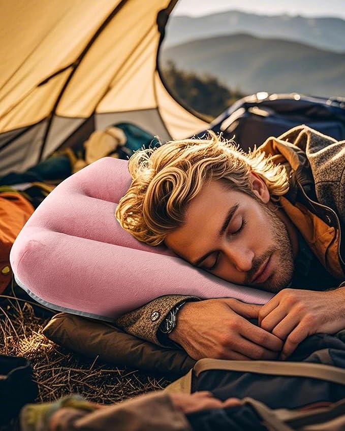 Ultralight Inflatable Camping Pillow for Sleeping – Soft Velvet Cover, Compact & Portable, Ergonomic Neck Support, Machine Washable Air Pillow, Perfect for Travel, Hiking, Backpacking – Pink