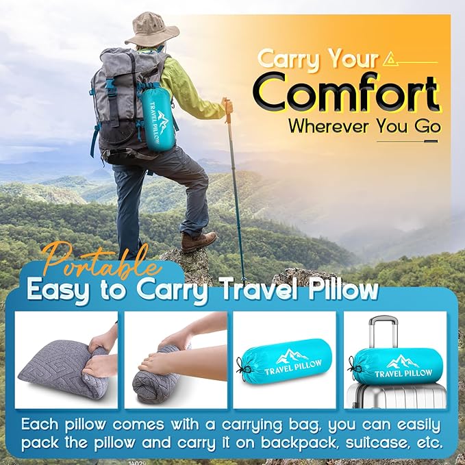 Travel Pillow for Sleeping Camping, Memory Foam Small Pillow with Breathable Cover for Backpacking, Airplane, Car (15.5 X 12 Inch)