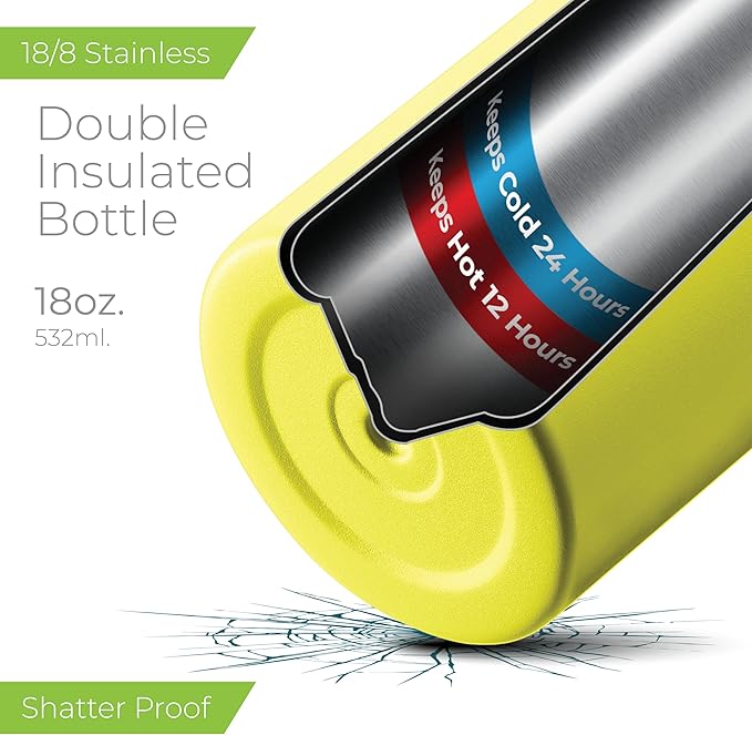 SipX™ Triple-Insulated Stainless Steel Water Bottle 18oz. With 3 Lids, BPA-Free Reusable Insulated Water Bottle Keeps Cold 24 Hours, (Yellow)