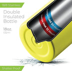 SipX™ Triple-Insulated Stainless Steel Water Bottle 18oz. With 3 Lids, BPA-Free Reusable Insulated Water Bottle Keeps Cold 24 Hours, (Yellow)