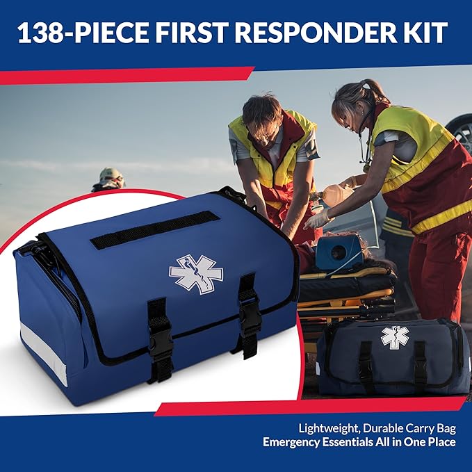 First Responder Trauma First Aid Kit Bag – Fully Stocked Emergency Medical Kit for Workplace, Vehicle & Home – OSHA & ANSI Compliant – Portable – Blue