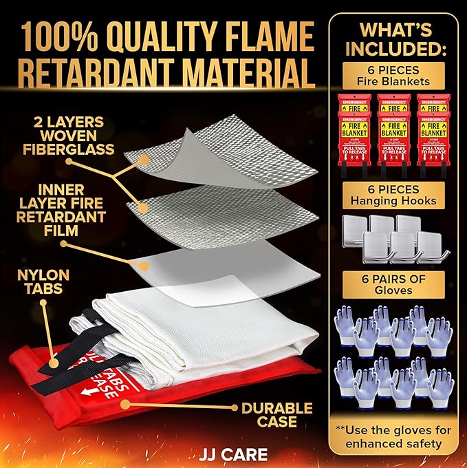 JJ CARE Fire Blanket – 6 Packs with Hooks and Gloves – Emergency Fire Blanket for Home & Kitchen, High Heat Resistant Fire Suppression Blankets for Home Safety, Kitchen, and Camping