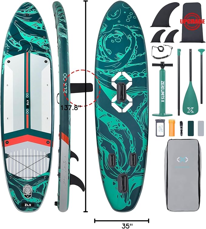 ZLX 11'6" Extra Wide Inflatable Stand Up Paddle Board SUP, Stable Non-Slip Deck Pad, Unique Fin System and Premium iSUP Accessories - Portable Backpack & Upgraded Pump for Adults, All Skill Levels