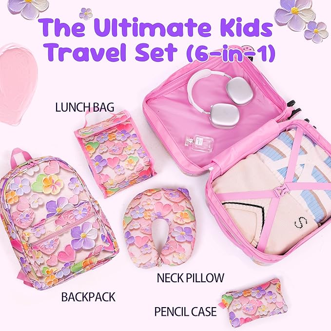Rosamo Kid’s Luggage Set 6 Piece Suitcase Set 16’’ Hardside Luggage with Spinner Wheels Girls Boys Carry on Luggage Travel Rolling Luggage Airline Approved