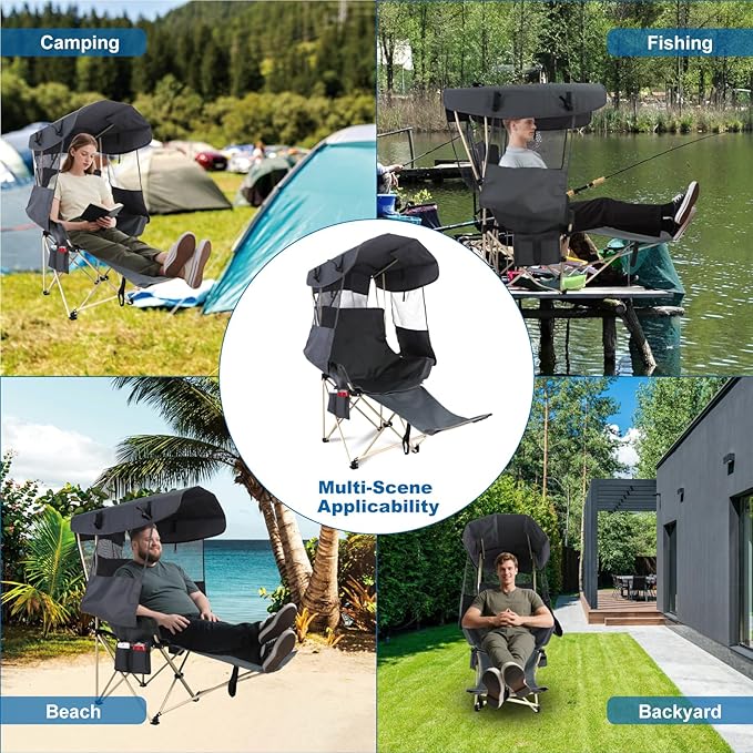 Folding Camping Chairs Canopy Outdoor: Sports Portable Beach Chair with Canopy-Lawn Beach Chairs with Umbrella for Adults-Camping Chair with Shade for Fishing Camp Heavy Duty (Casual, Grey)