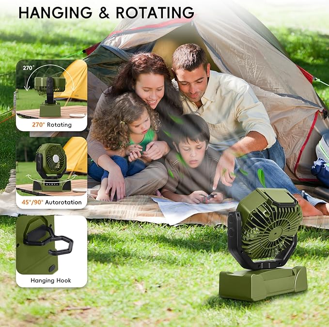 20000mAh Solar Camping Fan, Portable Rechargeable Battery & Solar Powered Fan with 7W Solar Panel, Remote Control, Auto Oscillating, LED Display, Light, Timer for Outdoor Camp, Beach, Travel Tent