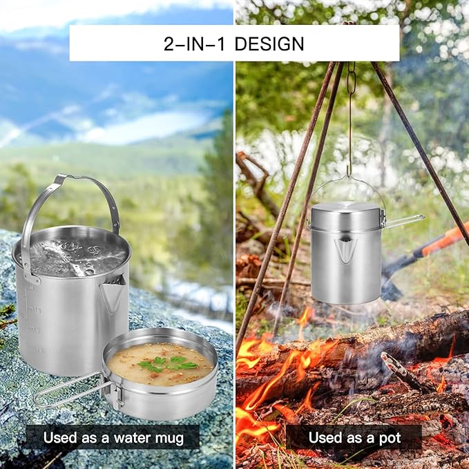 Lixada Camping Pot Stainless Steel Lightweight Kettle Bottle Cup or Pot with Foldable Handle and Dual Use Cover for Camping Hiking Backpacking Picnic