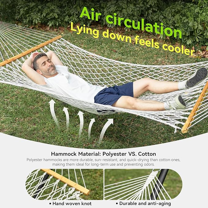 Double Hammock for 2 Person, Handwoven Rope Hammock with Spreader Bar Without Stand - Indoor & Outdoor Use for Patio, Poolside, Backyard (White)