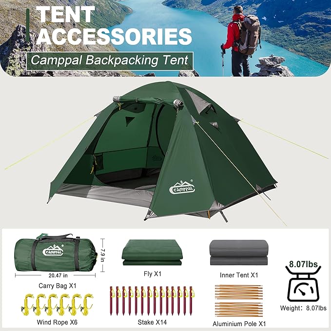2-3 Person Backpacking Tent with Double Door 2 Vestibule, Waterproof Windproof Lightweight Easy Set Up 3 Season 2 Man Two Person Tent for Camping, Hiking, Motorcycle, Mountaineering with UPF 50+