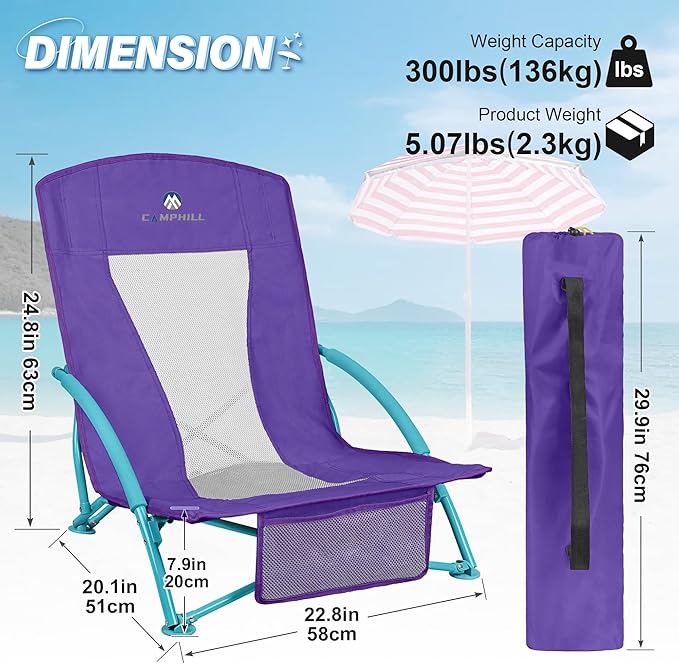 Low Beach Chairs 2 Pack,Folding Compact Low Seat Chairs for Adults w/Mesh Back & Storage Bag,Heavy Duty Chair for Outdoor Sand,Travel,Camping,Picnic,Purple