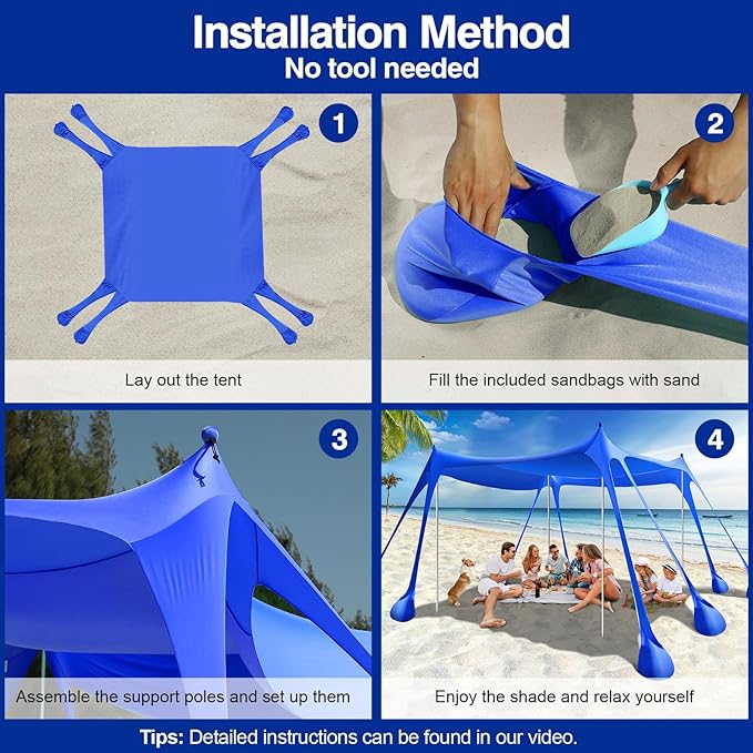 Rhino Valley Beach Tent Shade Canopy UPF50+ Protection, 8 Sandbags, 4 Stability Poles, Outdoor Sun Shelter Umbrella for Sand, Camping, Fishing Essentials
