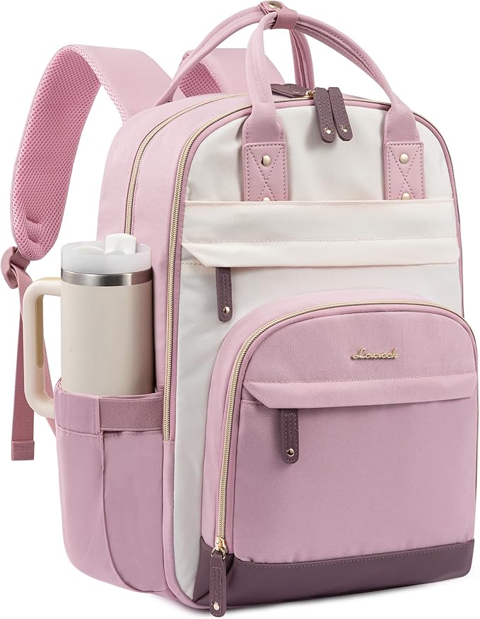 LOVEVOOK Laptop Backpack Women with Giant Tumbler Holder,18.4 inch Work Travel Backpack Computer Laptop Bag,Cute College Nurse Teacher Backpack Purse,Gifts for Women & Men,Pink-Off-white-Light pink