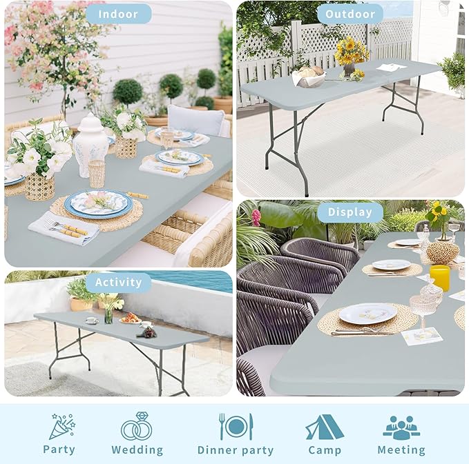 Folding Table 6 FT Camping Table Portable Plastic Rectangular Outdoor Dining Table Steel Legs Fold-in-Half with Carrying Handle for Indoor,Picnic,Party,Wedding,Events(Grey)