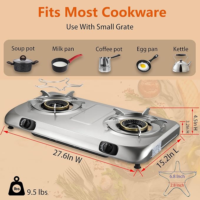 Propane Stove 2 Burner Gas Stove Top, 27200 BTU High-Efficiency LPG Metal Cooktop With Auto Ignition, CSA Regulator and Hose, Perfect for Outdoor Kitchen, Camping, RV & Emergency Cooking
