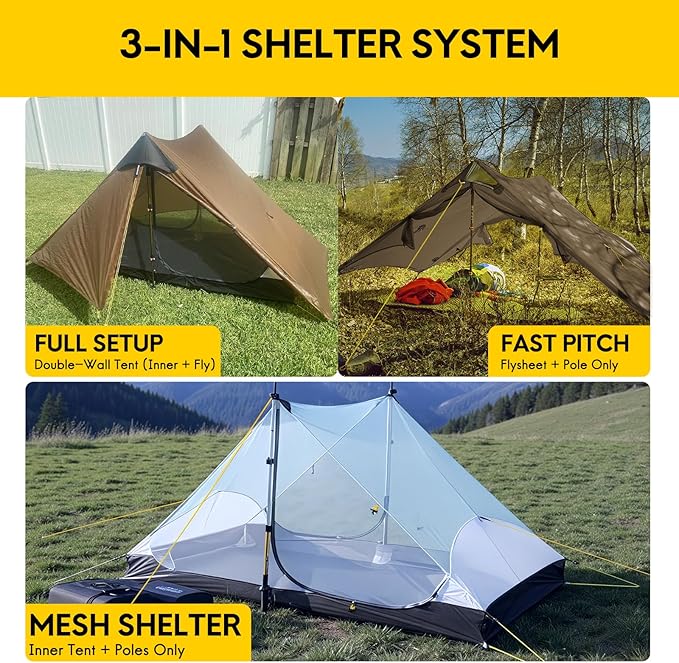 LANSHAN Ultralight Tent 3-Season Backpacking Tent for 1-Person or 2-Person Camping, Trekking, Kayaking, Climbing, Hiking