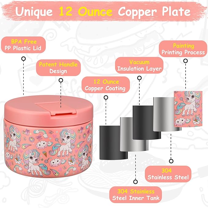 12oz Insulated Vacuum Food Jar with Buckle Lid Wide Mouth Soup Thermo for Hot Food Kids Leakproof Stainless Steel Lunch Container (Pink-Horse)