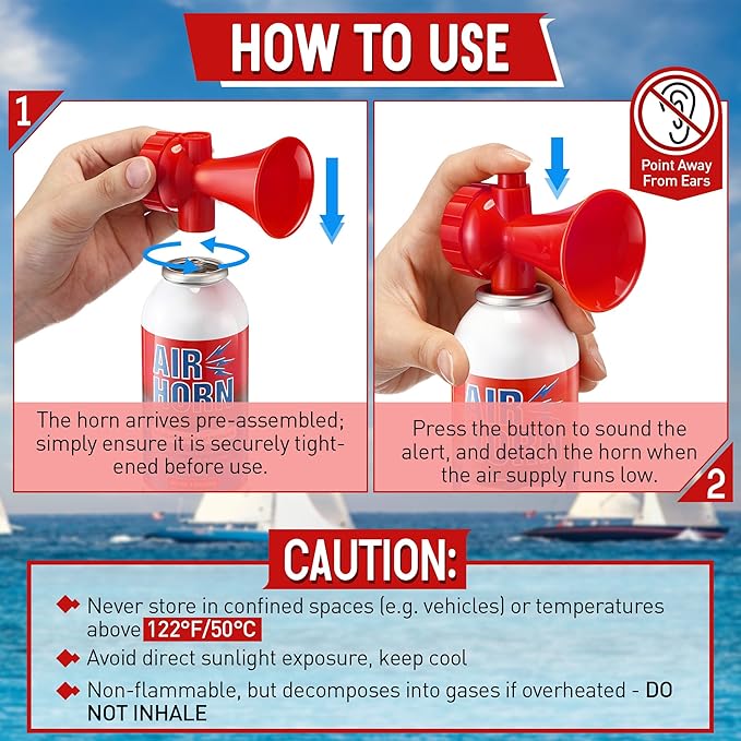 2 Pack Large Air Horn for Safety 3.5oz, 122dB Very Loud Marine Air Horn for Boat, Coast Guard Approved, Great for Boat & Marine Safety, Sporting Events, Travels, Hiking (Red)