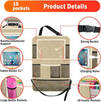 Car Backseat Organizer ，2 Pack Car Organizer Back Seat with 11" Tablet Holder, 10 Storage Pockets Seat Back Protectors Kick Mats for Kids Toddlers, Travel Accessories (Beige)