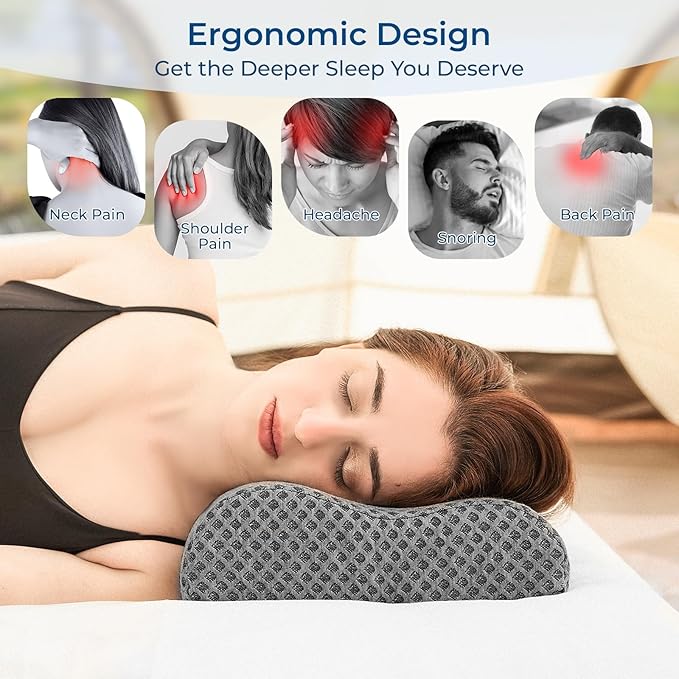 Travel Pillow Memory Foam Pillows, Ergonomic Wave Cervical Neck Pillow for Neck Pain Relief, Compressible Medium Firm Side Sleeper Pillow, Ideal for Camping, Office, Home & Bed (Dark Grey, M)