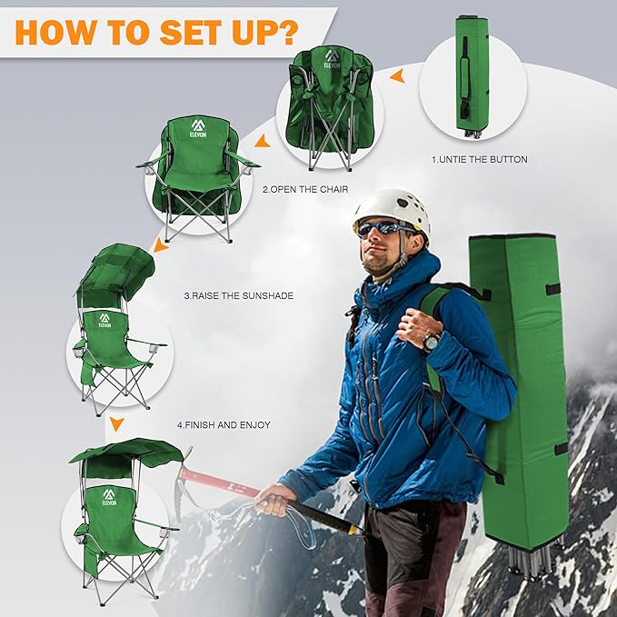 Camping Chair, Oversized Folding Chair with Canopy, Portable Outdoor Chair with Arms, Cup Holder and Carry Bag for Camping, Fishing, Beach, and Sports, Jaspe