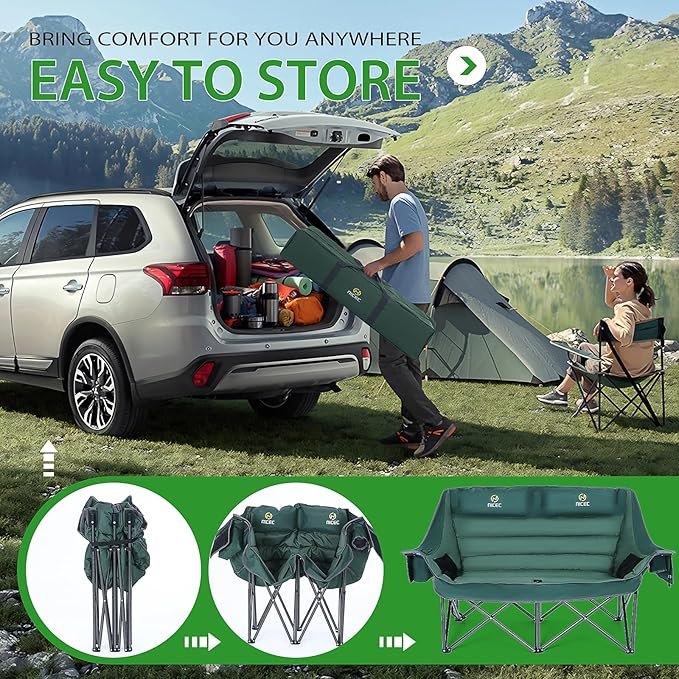 Nice C Double Padded Camping Chair, Oversized Loveseat Camping Chair, Outdoor Camping Couch for Adults, Lawn Chairs, Extra Padded, with Cup Holder, Cooler Bag, Bottle Opener (Green)