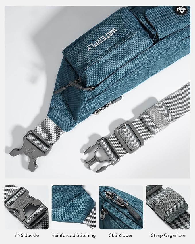 WATERFLY Small Crossbody Fanny Pack: 5 Pocket Slim Lightweight Waist Belt Hip Bag for Women Men Water Resistant Chest Pouch for Travel Hiking Running Walking Fit All Phones - Peacock Blue