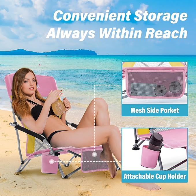 Homcosan Portable Low Folding Beach Chair - Lightweight Camping Chair for Adults with Cup Holder & Storage Pocket, Carry Bag Included (Pink & Yellow)