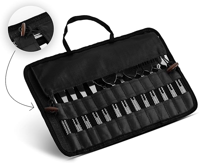 13 Piece Stainless Steel Family Cutlery Picnic Utensil Set with Travel Case for Camping | Hiking | BBQs - Includes Forks | Spoons | Knifes | Chopstick, Plus Nylon Commuter Case (Black)