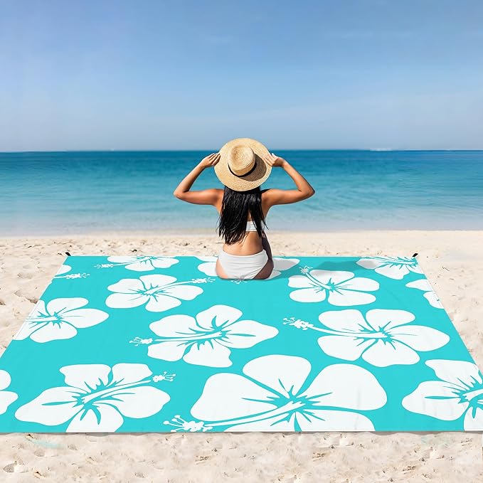 Beach Blanket Waterproof Sandproof, 9 Ft X 10 Ft Extra Large Sand Free Beach Mat, Big Compact Lightweight Quick Drying Picnic Blanket with 4 Stakes & Pockets for Camping, Travel, Hiking