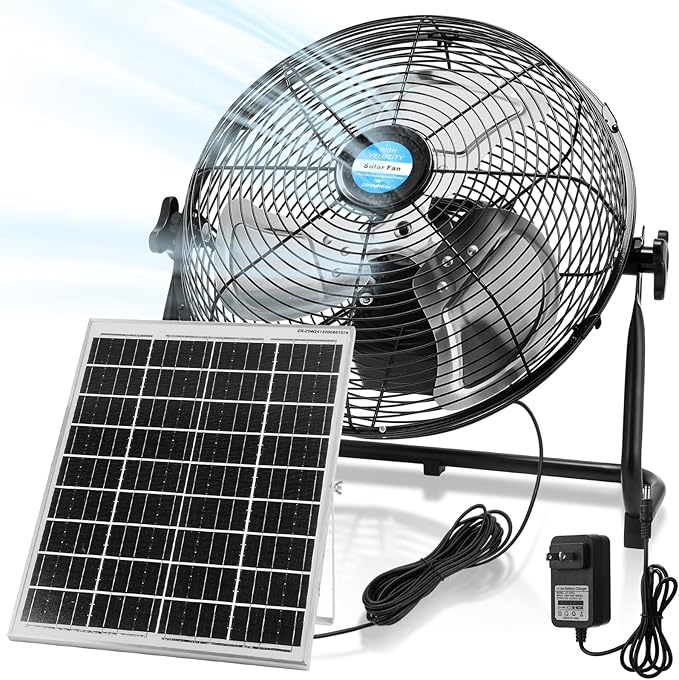 14 Inch Solar Panel Powered Fan, 2 in 1 Solar Panel or AC Charger Powered Fan 12W 9V Portable for Chicken Coop Greenhouse Household Exhaust Camping Travel Outdoor(Black)