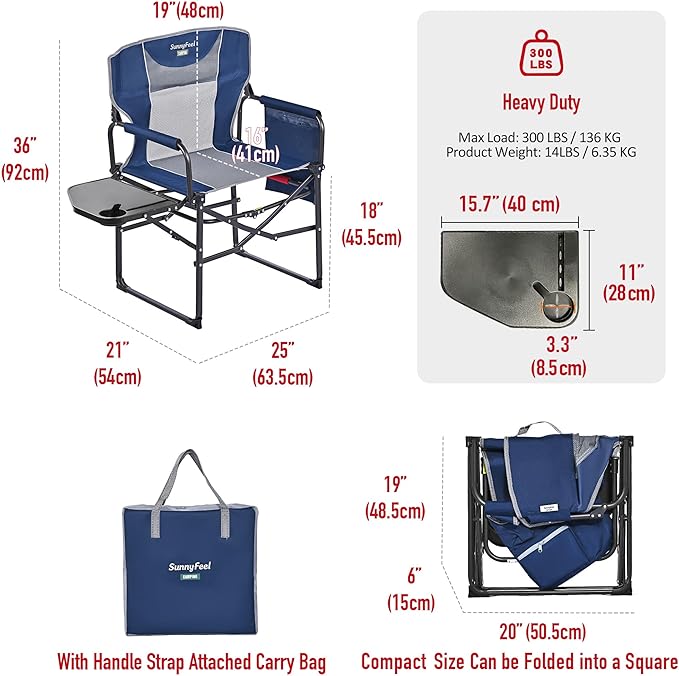 SUNNYFEEL Camping Directors Chair, Heavy Duty,Oversized Portable Folding Chair with Side Table, Pocket for Beach, Fishing,Trip,Picnic,Lawn,Concert Outdoor Foldable Camp Chairs
