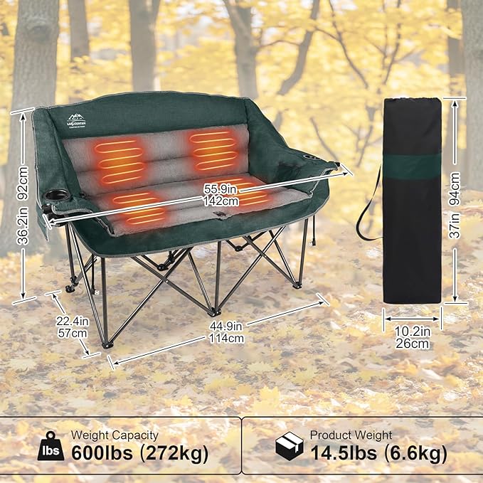 Heated Double Camping Chairs,3 Heat Levels Padded Portable Loveseat w/Wine Glass Holder,Cup Holder,Heating Outdoor Camp Couch Support 600 Lbs,Dark Green,Battery NOT Included
