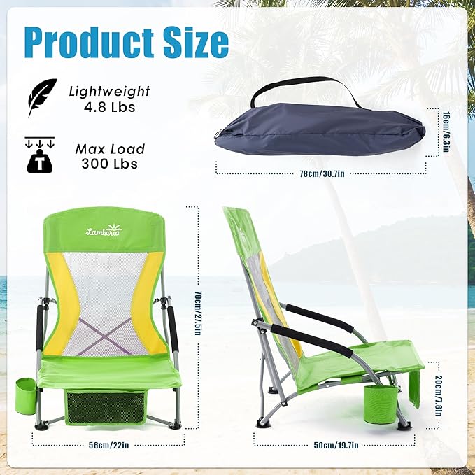 Lamberia Folding Beach Chair for Adults, Portable Low Beach Chairs with 300lbs Capacity, Lightweight Fodable Camping Chair for Travel, Picnic, Concert & Outdoor Activities,Green-Yellow