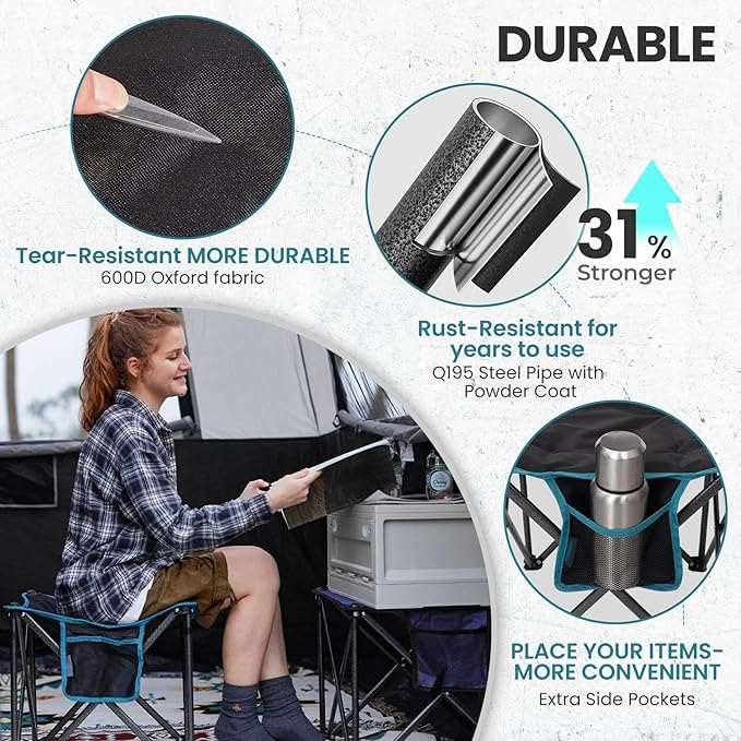 FUNDANGO Folding Camping Stool, 2 Pack 18.1 Inch Oversized Foot Rest 440 Lbs Heavy Duty Portable Padded Stools Seat Anti-Slip Foots & Carry Strap for Fishing Outdoor Lawn Travel (Black)