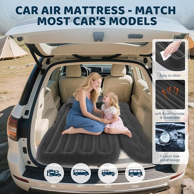 SUV Air Mattress Inflatable Travel Bed: Foldable - Portable Car Inflatable Bed Camping & Road Trips - Thickened Car Air Mattress for Back Seat with Carry Bag & Cup Holder & 2 Pillows