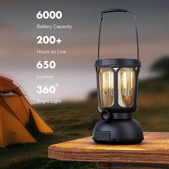 Raynic 6000 LED Camping Lantern Rechargeable, 650LM Hand Crank Solar Camping Light, Portable Battery Powered Lantern for Emergency, Power Outage, Hurricane, Outdoors