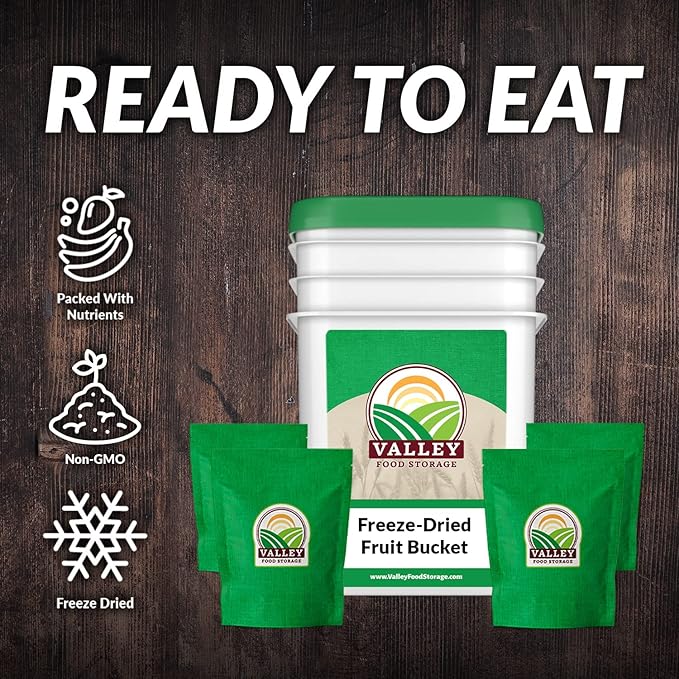 Freeze Dried Fruit Bucket, 12 Pouch | Premium Emergency Food Supply | Non-GMO Survival Food 25 Year Shelf Life | Camping Food, Backpacking Meals, Prepper Supplies | Valley Food Storage Packaged in USA
