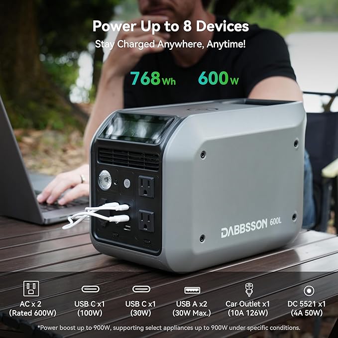 Dabbsson 600L Solar Generator with 210W Solar Panel,768Wh 600W Power Station,Up to 900W AC Output,1.5X Extended Runtime,Recharge 100% in 1.6 Hrs,Semi-Solid LiFePO4,100W USB-C,EPS,for Camping RV Home