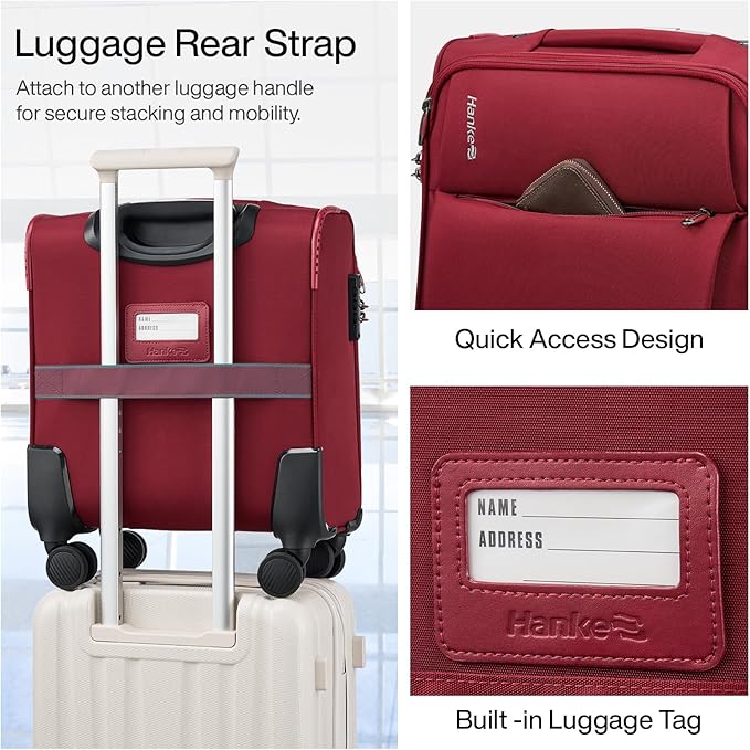 Hanke 16 Inch Underseat Carry On Luggage with Spinner Wheels Airline Approved, Small Rolling Suitcase Softside Underseater Lightweight TSA Travel Roller Suitcase Carry-On Bag(Burgundy)