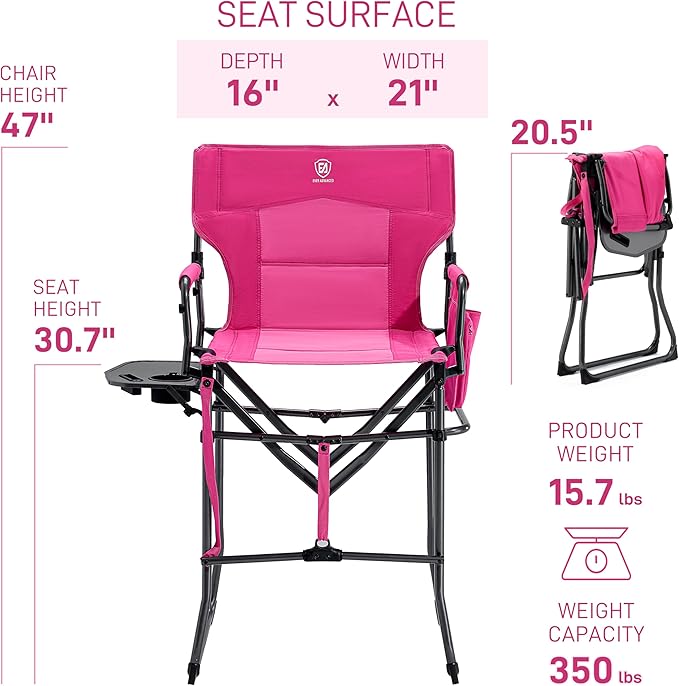 EVER ADVANCED Portable 30.7" Seat Height Tall Folding Camping Chair Directors Chair High Foldable Bar Stool with Side Table for Makeup Artist, Sports Event, Craft Show, Supports 350LBS Pink