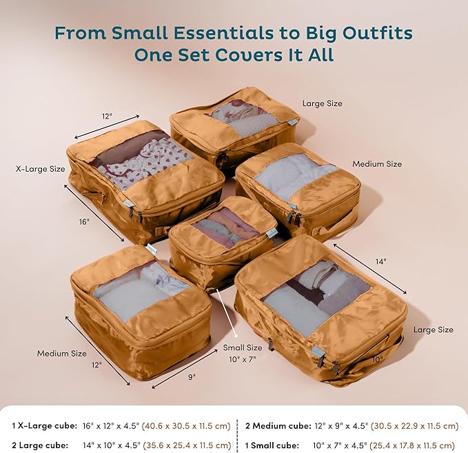 6-Pack Compression Packing Cubes Travel Essentials - Lightweight, Water-Resistant Luggage Organizer Bags with Handles, Durable Travel Accessories Suitcase Organizer (Caramel)