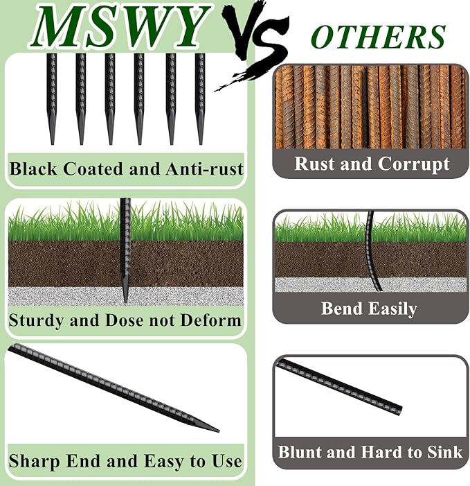 16 Inch Rebar Stakes 30 Pack Heavy Duty Ground Anchors with Chisel Point End Long Straight Steel Tent Stakes 3/8" Thickness Metal Spikes Black Coated for Concrete Timber Camping Garden Plant