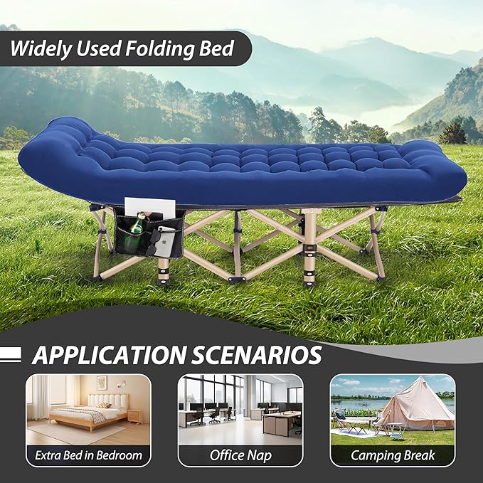 Folding Camping Cot for Sleeping, Portable Cots for Adults, Heavy Duty Cot Bed 550LBS(Max Load), Extra Wider Cots with Large Pocket for Outdoor, Office, Beach