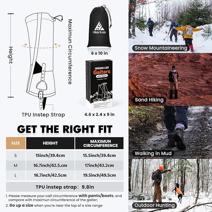 Hikenture Hiking Gaiters with Upgraded Zipper, Gaiters for Hiking Waterproof, Lightweight Leg Shoe Gaiters for Men Women